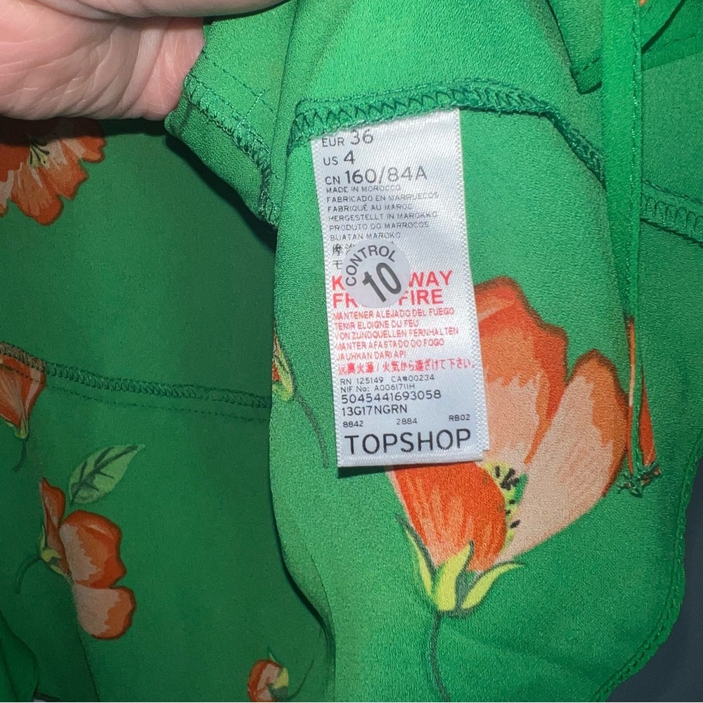 &Topshop green with orange flowers floral top blouse shirt with tie front new 4 - Picture 9 of 10